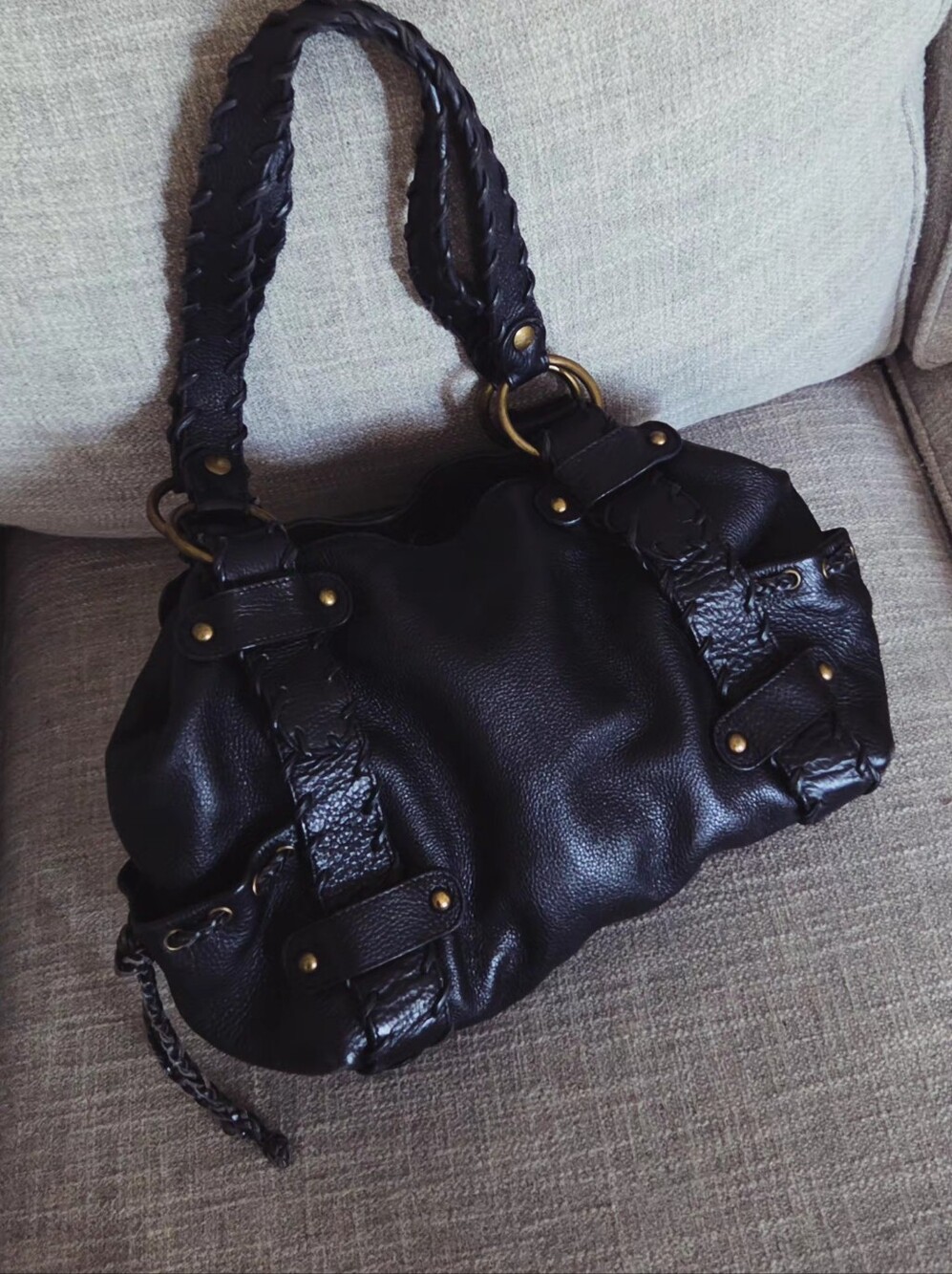 Kooba Black Leather Whipstitch Shoulder Bag with Brass Accents